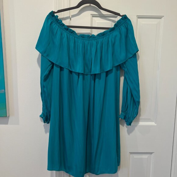 Lilly Pulitzer Dee Dee Mini Dress Sz XL Malachite Teal Blue Off Shoulder Ruffle - Picture 4 of 7